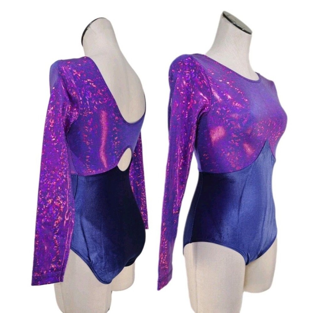 GK Elite VTG Mystique Purple Holographic LS Keyhole Leotard Blue Velvet Size AM